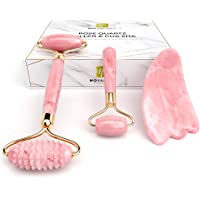 Rodillo Facial de Cuarzo Rosa- Gua Sha y Masajeador para Contorno de Ojos - Set de Masaje para Rostro y Cuello en Piedra…